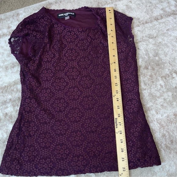 KARL LAGERFELD PARIS Lace Cap-Sleeve T-Shirt deep grape purple top blouse SZ SM - Picture 6 of 10